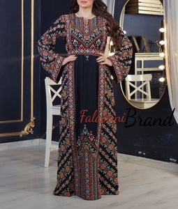 Amazing Dark Navy Multi Color Palestinian Embroidered Thobe Dress With Astonishing Embroidery