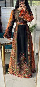 Black Palestinian Embroidered Thobe with Green and Orange Embroidery and Satin
