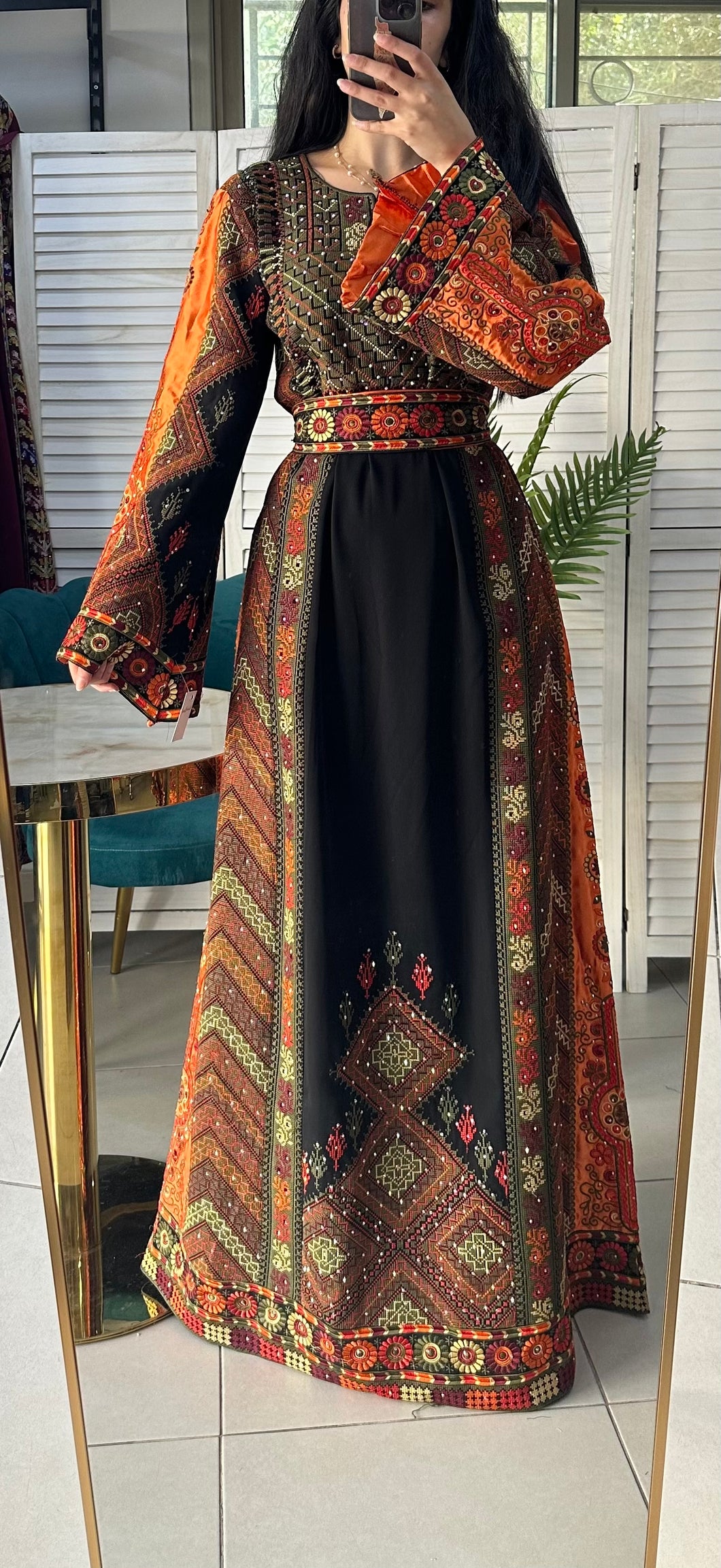 Black Palestinian Embroidered Thobe with Green and Orange Embroidery and Satin Black Palestinian Embroidered Thobe with Green and Orange Embroidery and Satin