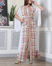 White And Colorful Embroidery Chiffon Open Abaya Kaftan Maxi Dress Long Split Sleeve