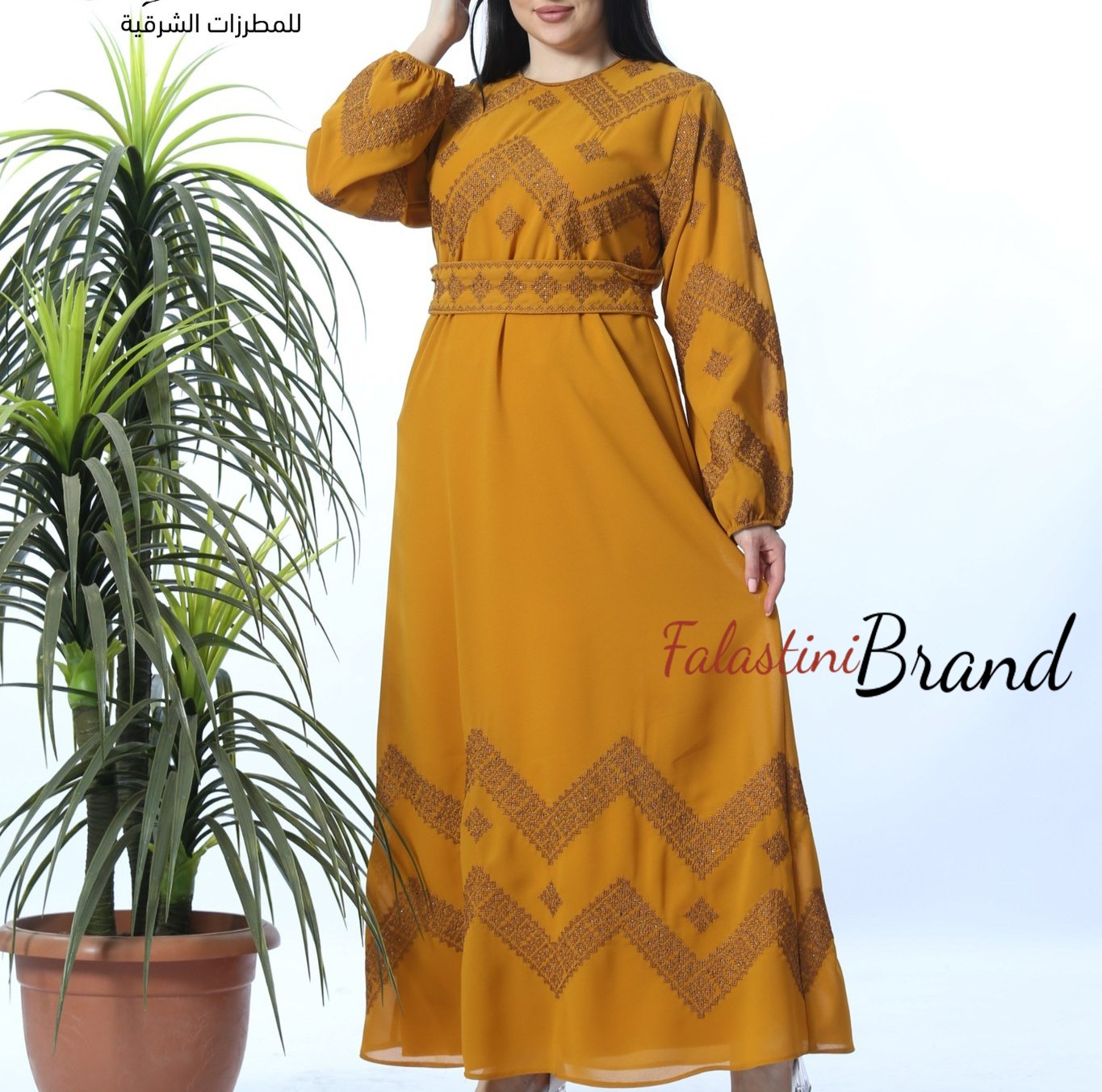 Stylish Mustard Thobe Embroidered Palestinian Dress Stylish Mustard Thobe Embroidered Palestinian Dress