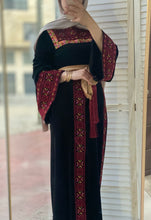 Black Velvet Thob Dress with Red Embroidery and Golden Satin Belt