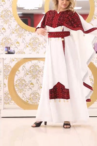 Stylish White and Red Palestinian Embroidered Dress With Coins