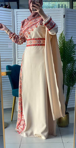 Elegant Beige and Melon Shoulder Details Embroidered Dress