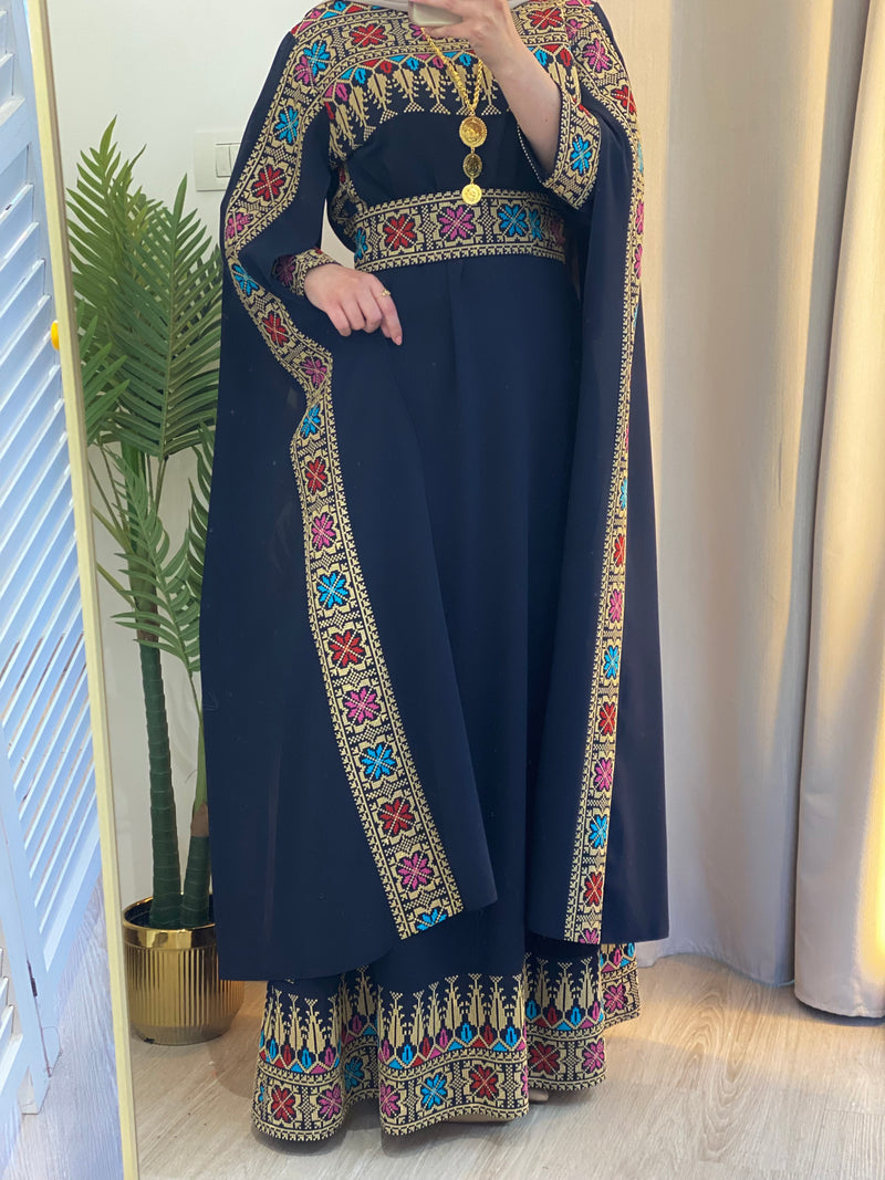 navy blue embroidered dress Elegant Shoulder Drapes 2 Pieces Color:Red Floral-3 A sheer tulle overlay Off Shoulder Formal Long Collection:La-Soir