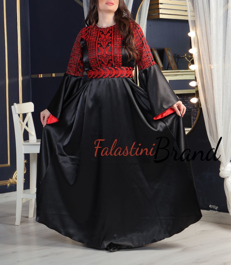 Stunning Satin Black Cloche Red Embroidered Dress