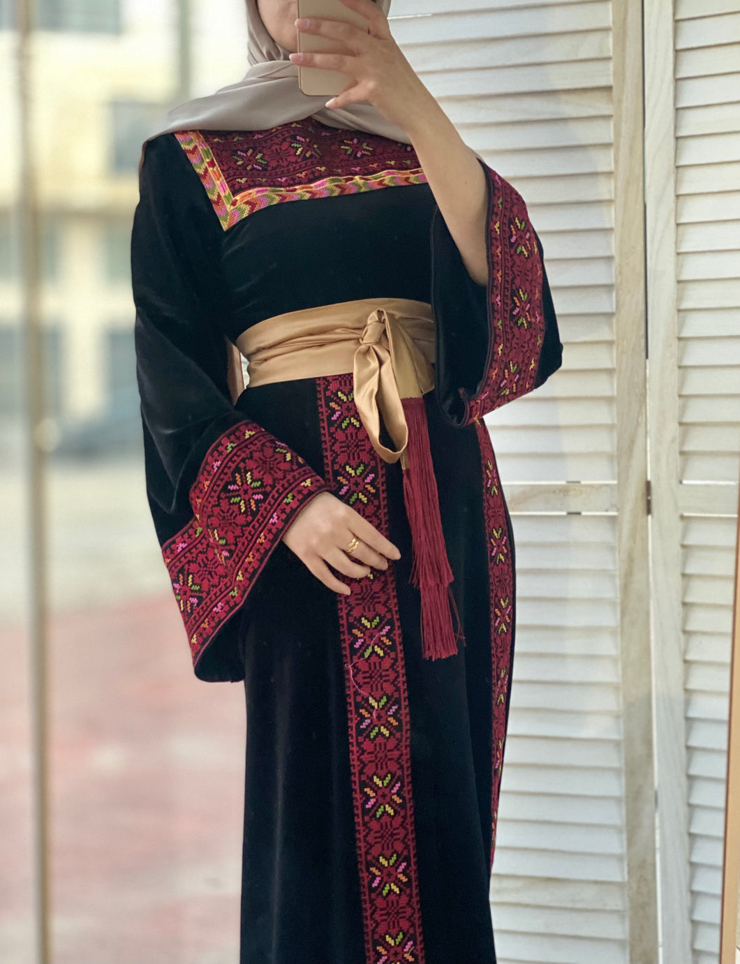 Black Velvet Thob Dress with Red Embroidery and Golden Satin Belt Black Velvet Thob Dress with Red Embroidery and Golden Satin Belt