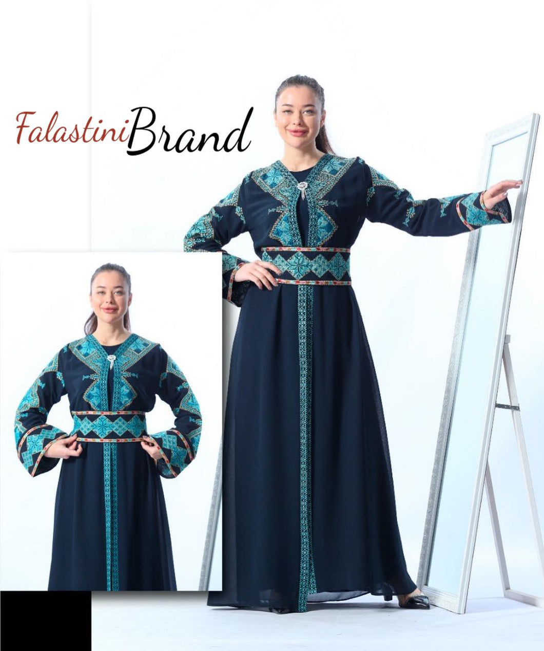 Navy 2-Pieces Abaya Thob with Blue Elegant embroidery