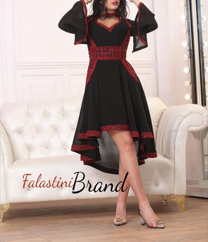Black and Red Palestinian Embroidered Short Dress