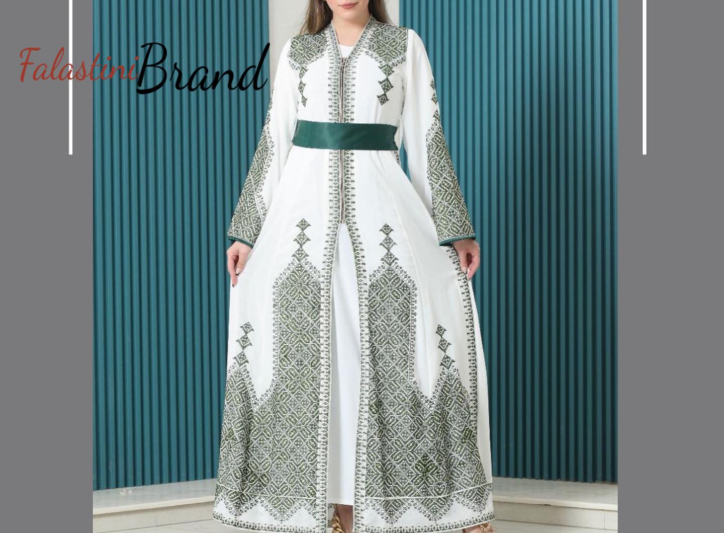 White and Green Palestinian Embroidered Kaftan Dress White and Green Palestinian Embroidered Kaftan Dress