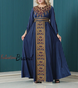 Gorgeous Navy Satin Dress With Golden Embroidery