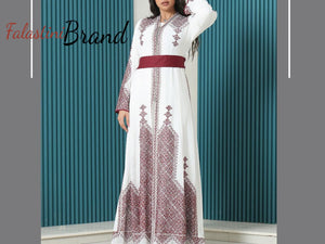 White and Red Palestinian Embroidered Kaftan Dress