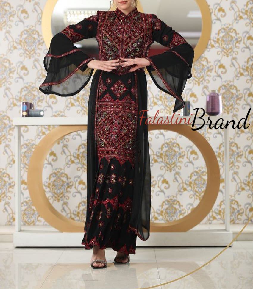 Stylish Mermaid Black and Red Palestinian Embroidered Dress