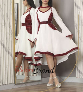White and Red Palestinian Embroidered Short Dress