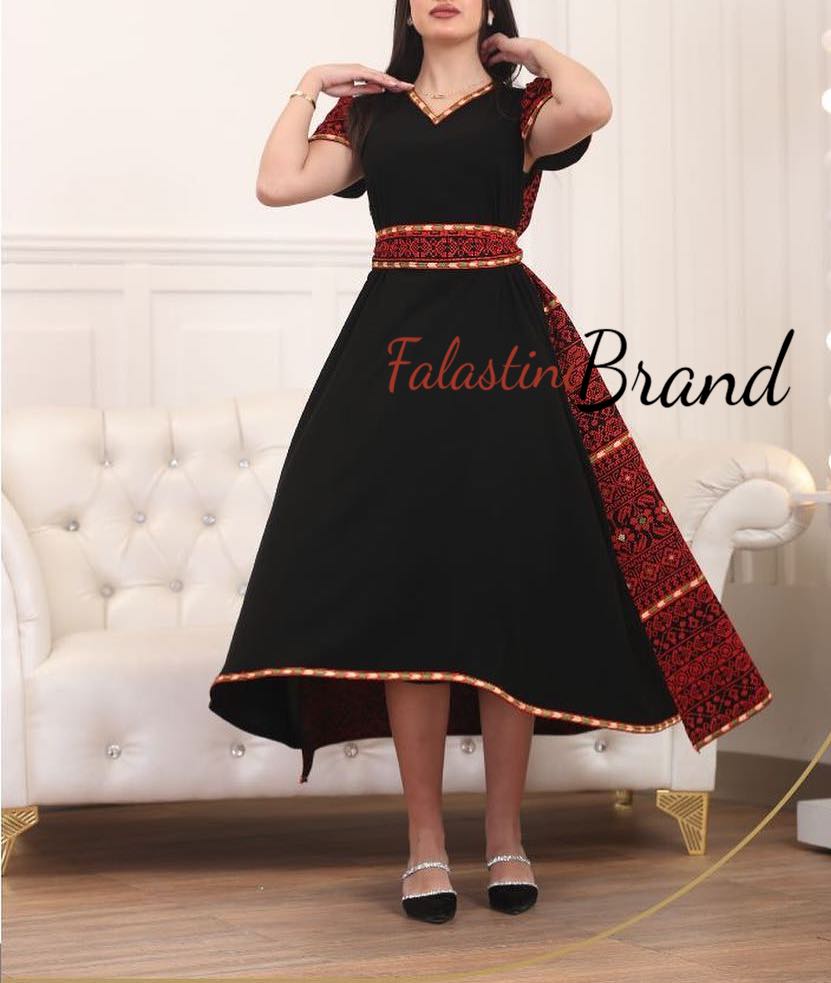 Gorgeous Black Long Dress Short Sleeve Red Embroidered Back Gorgeous Black Long Dress Short Sleeve Red Embroidered Back