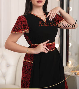 Gorgeous Black Long Dress Short Sleeve Red Embroidered Back