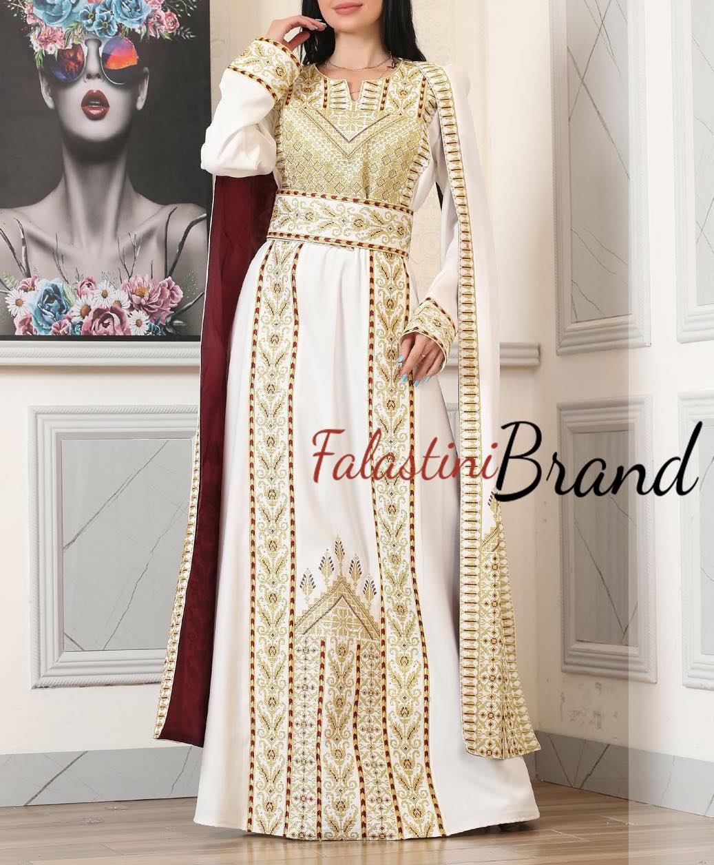 Stunning White And Gold Royal Sleeve Palestinian Embroidered Dress