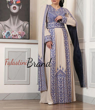 Stunning Off White And Blue Royal Sleeve Palestinian Embroidered Dress