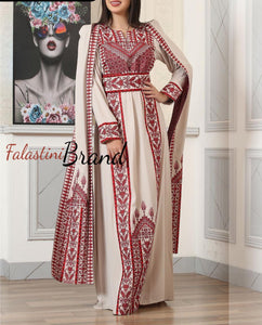 Stunning Off White And Red Royal Sleeve Palestinian Embroidered Dress