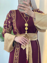 Karmel Burgundy Embroidered Thob Dress with Satin Sleeves Details