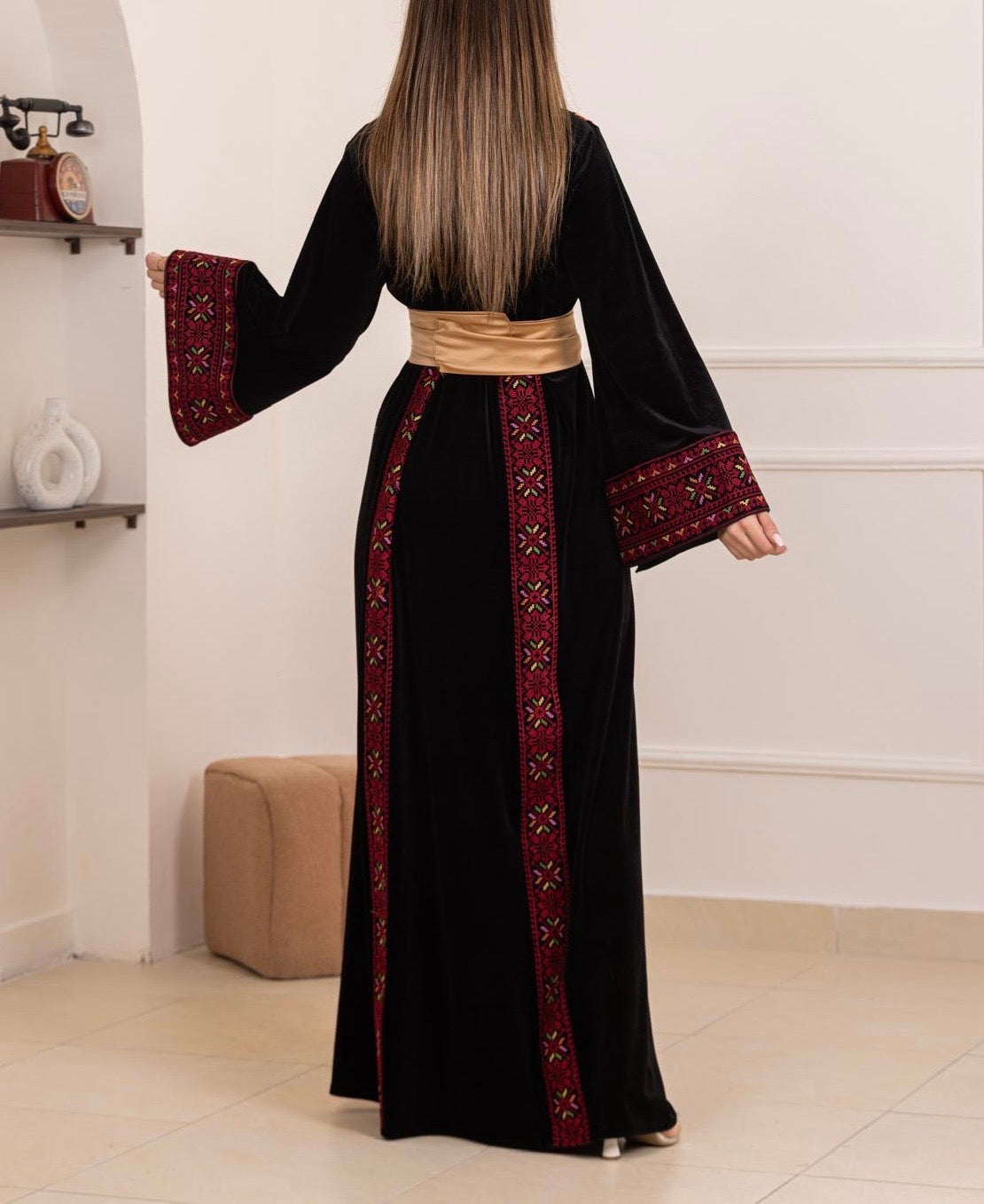 Black Velvet Thob Dress with Red Embroidery and Golden Satin Belt Black Velvet Thob Dress with Red Embroidery and Golden Satin Belt