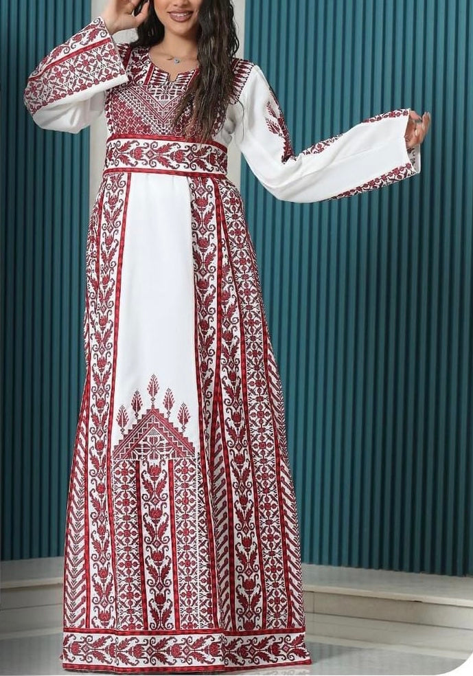 Fabulous Palestinian Embroidered White Thobe Dress with Red Densed Amazing Embroidery