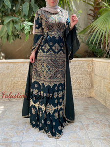 Stylish Mermaid Dark Green Palestinian Embroidered Dress with Skirt Side Details