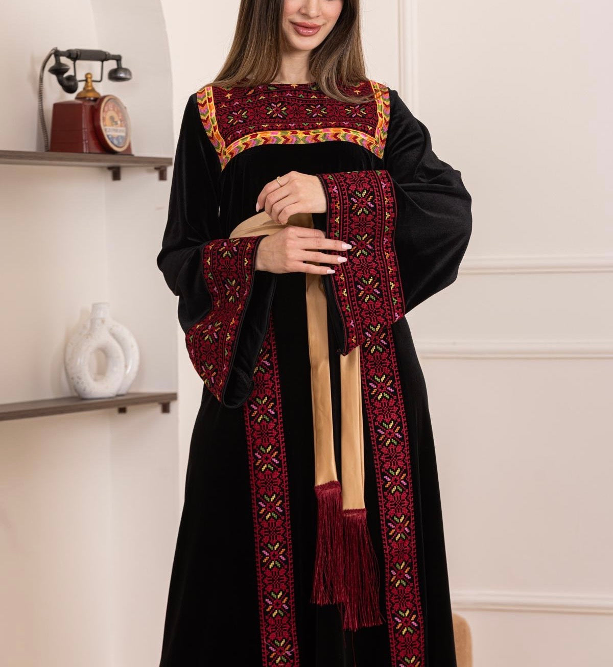 Black Velvet Thob Dress with Red Embroidery and Golden Satin Belt Black Velvet Thob Dress with Red Embroidery and Golden Satin Belt