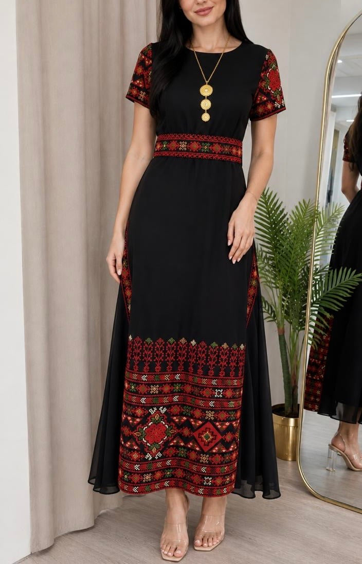 black dress red embroidery SARA Gorgeous and Embroidered Short Sleeve each dress showcases unique