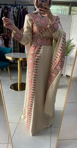 Elegant Beige Shoulder Details Embroidered Dress