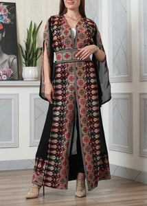 Black And Colorful Embroidery Chiffon Open Abaya Kaftan Maxi Dress Long Split Sleeve