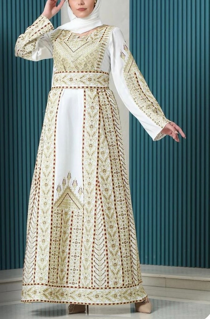Fabulous Palestinian Embroidered White Thobe Dress with Gold Densed Amazing Embroidery
