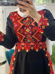Cute Black and Red Embroidered Dress with Side Flowers Details