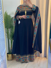 Elegant Navy Shoulder Drapes Embroidered 2 Pieces Dress