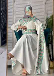 Elegant White Shoulder Details Embroidered Dress with Green Embroidery