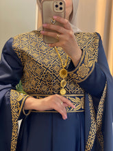 Flowy and Glamorous Navy Blue and Golden Satin Dress with Rhinestones