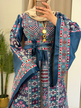 Durra Teal Navy Satin Elegant Wide Sleeves Full Embroidered Thob Dress