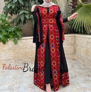 Black and Red Georgette Embroidered Open Abaya Kaftan Maxi Dress Long Split Sleeve