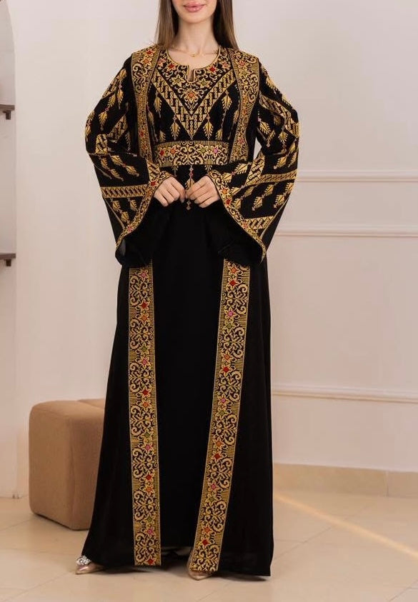Rawnaq Black With Golden Dress and Abaya Set With Palestinian Embroidery 2/40/M
