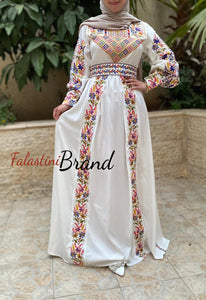 White Satin Flowy Thob Dress With Silver Gorgeous Embroidery