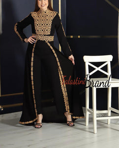 Amazing Palestinian Black and Gold Embroidered Jumpsuit With Back Skirt