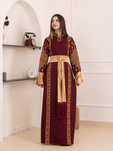 Karmel Burgundy Embroidered Thob Dress with Satin Sleeves Details