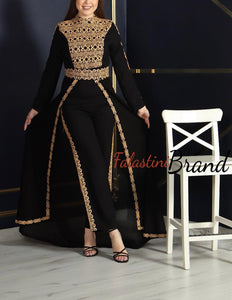Amazing Palestinian Black and Gold Embroidered Jumpsuit With Back Skirt