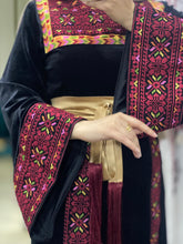 Black Velvet Thob Dress with Red Embroidery and Golden Satin Belt