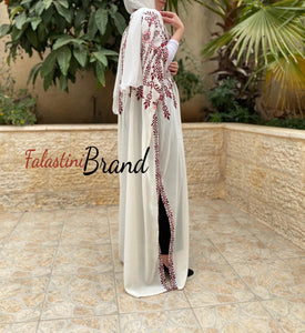 White & Red Embroidered Open Abaya/Bisht