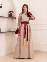 Karmel Beige Embroidered Thob Dress with Satin Sleeves Details