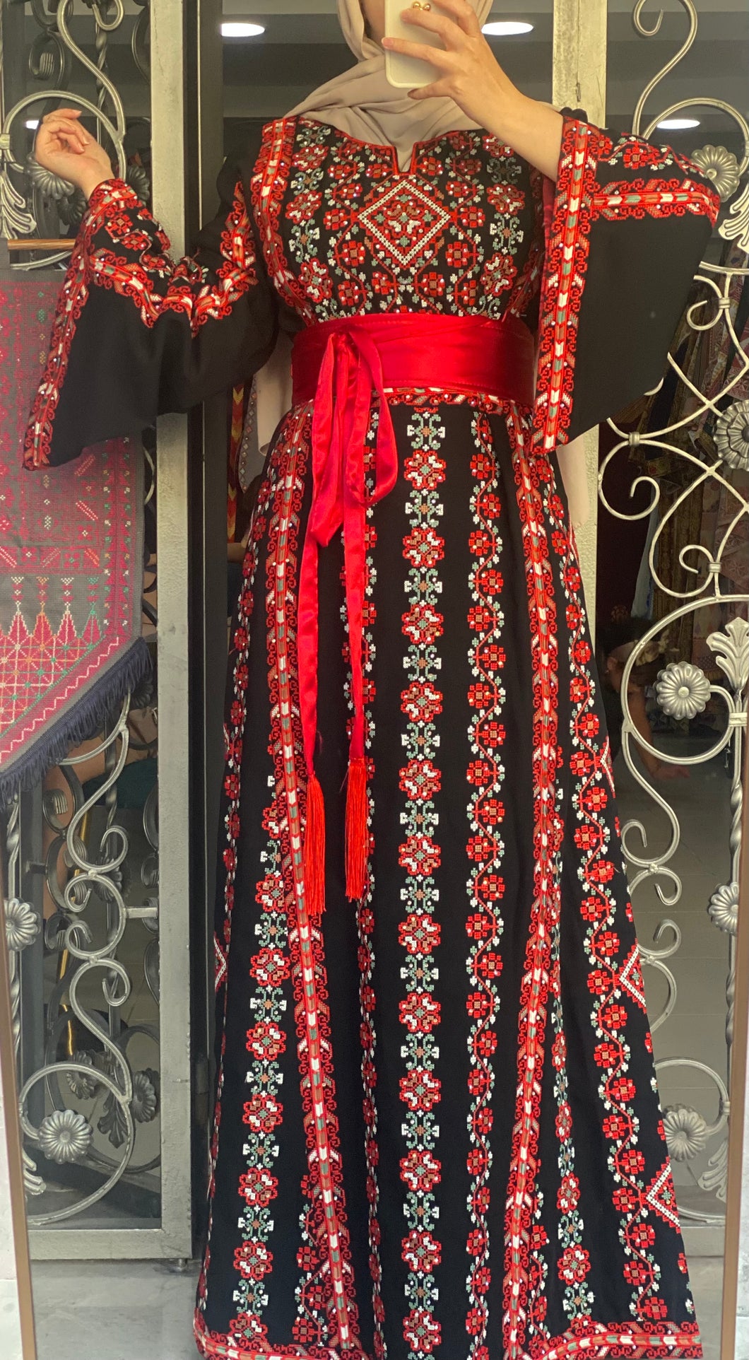 Sparkling Unique Design Floral Black Thob with Red Embroidery