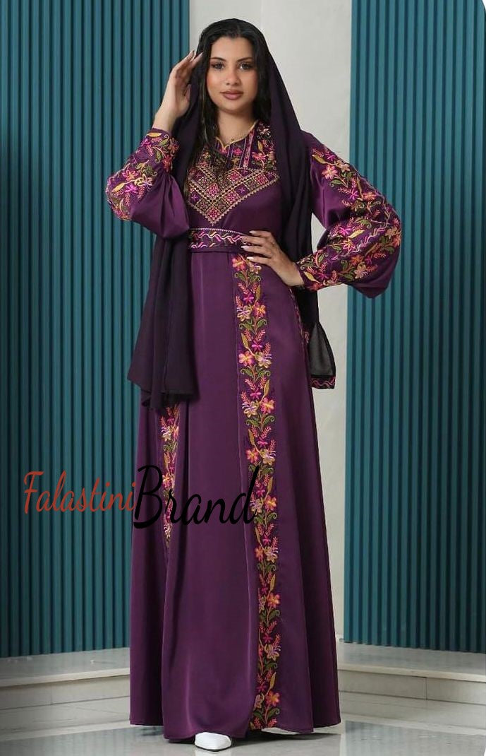 Purple Satin Flowy Thob Dress With Colored Nol Gorgeous Embroidery
