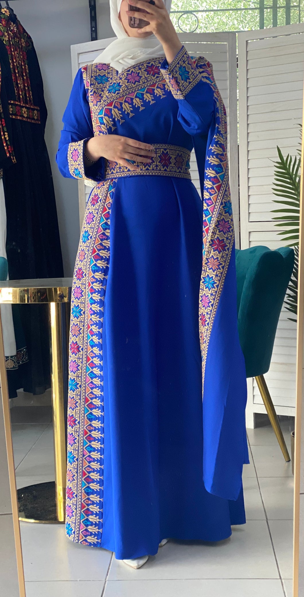 Elegant Blue and Beige Shoulder Details Embroidered Dress