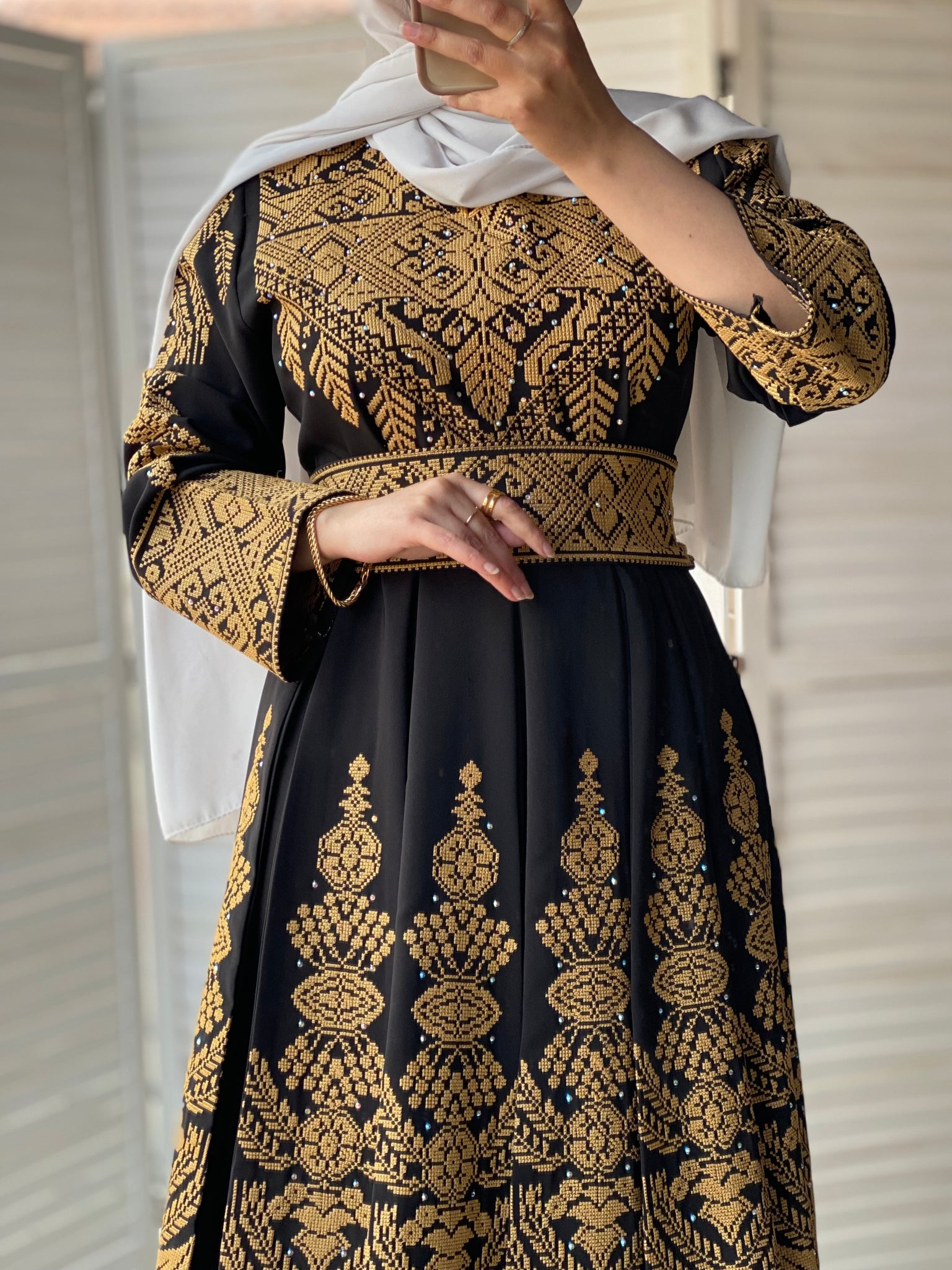 black dress gold embroidery Dramatic Gold Black Shimmery Gold Applique Choker Prom Dress